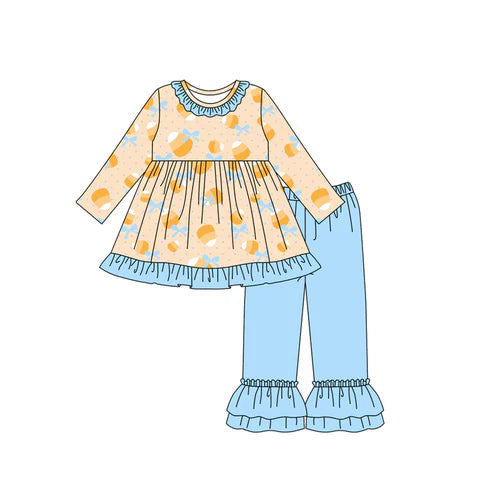 7.26 GLP2620 Baby Girls Long Sleeves Bows Candy Plaid Tunic Ruffle Pants Set Preorder