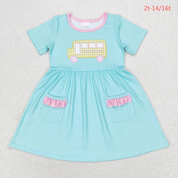 L-3.6 GSD1341 Back To School Yellow plaid school bus teal pocket short-sleeved dress