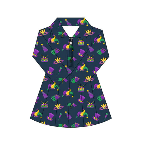 10.28 GLD1412 Baby Girls Mardigras Anchors Masks Yoga Shorts Zipper Knee Length Dresses Preorder