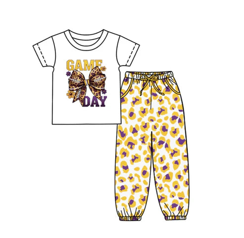 10.8 Custom Moq 5 Baby Kids Game Day Team Top Yellow Purple Leopard Pants Clothes Sets
