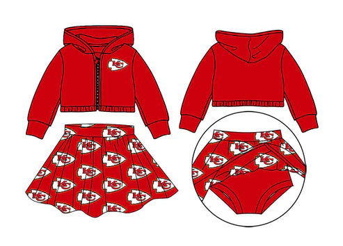 8.9 Custom Moq 5 Baby Girls Red Long Sleeves KC Zipper Hoodies Plaid Skorts Team Set