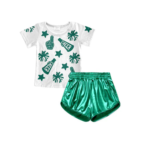4.11 GSSO2517 Baby Girls Green Firework CHEER Top Pockets Pleather Short Set Preorder