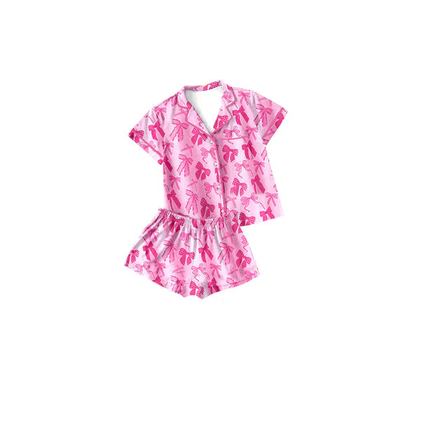 L-3.5 GSSO2134 Baby Girls Pink Bows Buttons Top Shorts Pajamas Clothes Sets Preorder