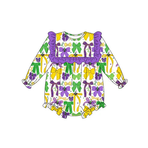 9.19 LR2674 Baby Boys Purple Yellow Green Bows Mardi Gras Ruffle Rompers Preorder