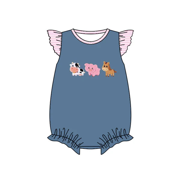L-3.4 SR2723 Baby Infant Girls Blue Farm Animals Flutter Sleeve Rompers preorder