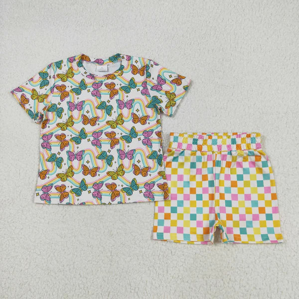 5.27 GSSO2615 Baby Girls Short Sleeves Butterfly Rainbows Top Colorful Plaid Short Pajamas Set