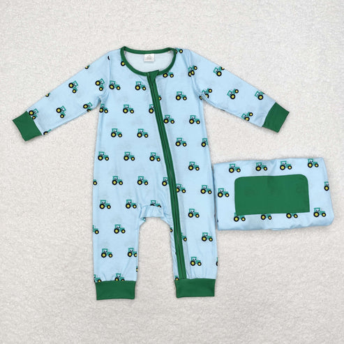 6.26 Baby Boys Green Tractors Sibling Bamboo Rompers Pajamas Clothes Sets