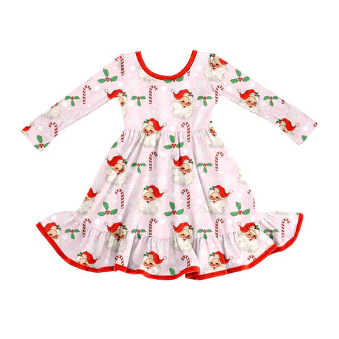 8.7 GLD1251 Baby Girls Santa Candy Cane Holly Christmas Ruffle Knee Length Dresses Preorder