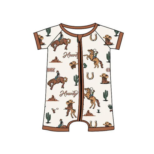 3.28 SR2971 Baby Infant Boys Brown Short Sleeves Horse Rodeos Cactus Zipper Rompers Preorder