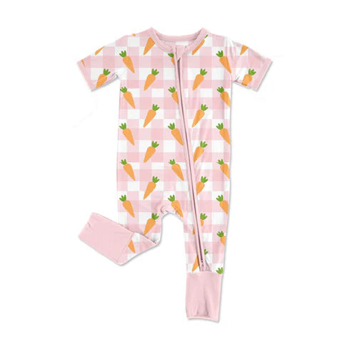 10.2 SR3255 Baby Girls Pink Checked Carrots Easter Zipper Footie Rompers Preorder