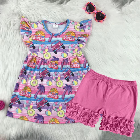 3.20 GSSO2362 Baby Girls Pink Stripe Flutter Sleeves Cars Dolls Tunic Ruffle Short Clothes Set Preorder