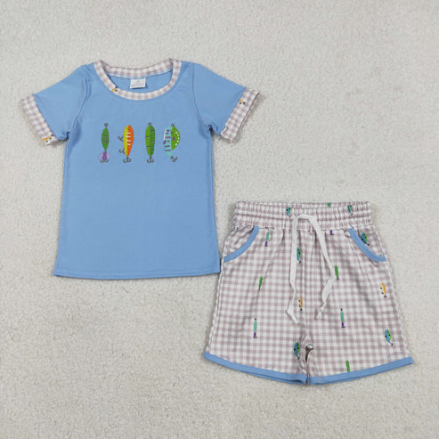 12.16 BSSO1617 Embroidery Fishing Baby Boys Top Checked Pockets Shorts Hunting Clothes