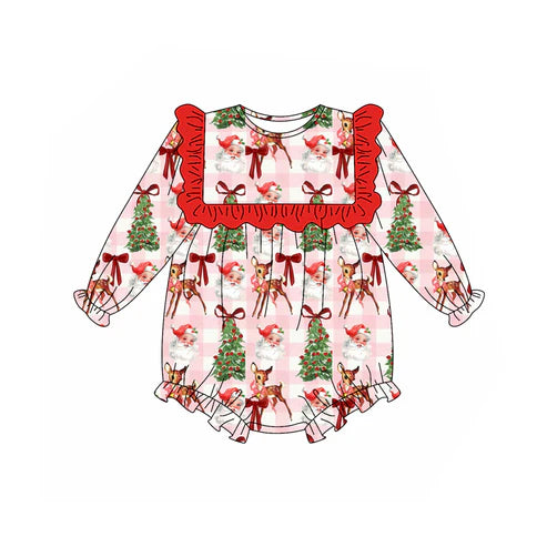 6.6 LR2274 Baby Girls Long Sleeves Pink Plaid Santa Trees Ruffle Rompers Preorder