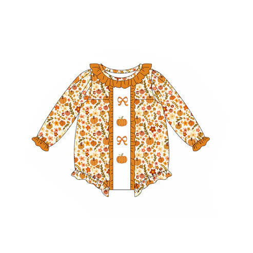 5.20 LR2228 Ruffle Baby Girls Long Sleeves Bows Pumpkins Floral Ruffle Rompers Preorder