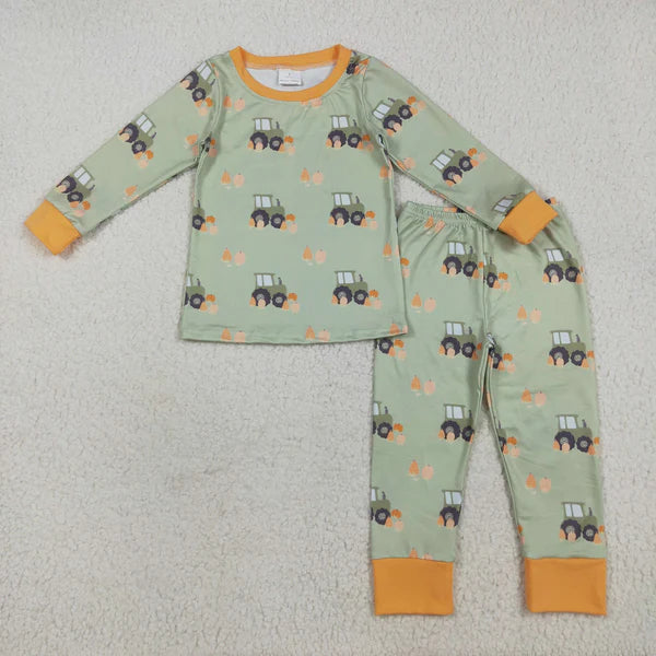 8.2 BLP1142 Baby Boys Green Long Sleeves Pumpkins Trucks Top Pant Pajamas Set