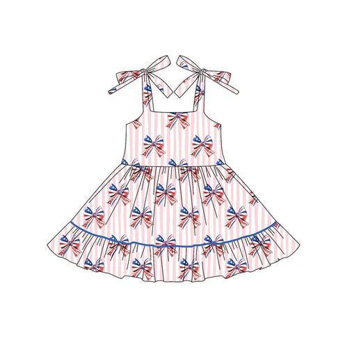 4.12 GSD2524 Baby Girls Pink Stripe Strap Blue Red Bows 4th Of July Knee Length Dress Preorder