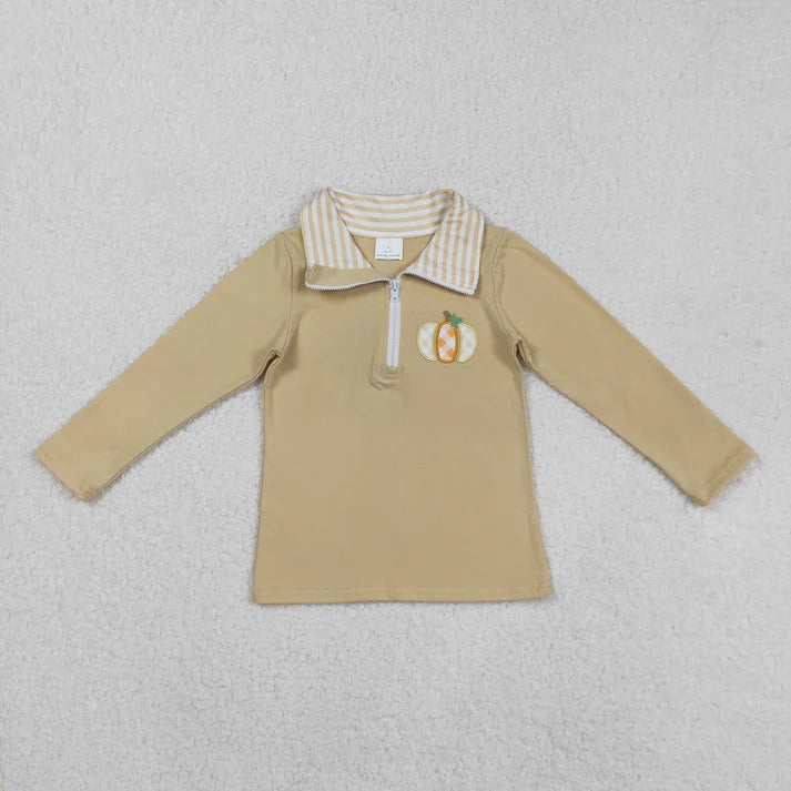 9.3 BT1293 Embroidery Baby Boys Khaki Long Sleeves Pumpkins Zipper Pullover Top