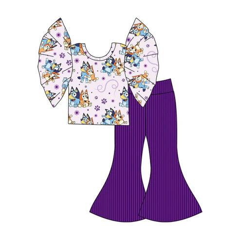 6.20 Custom Moq 3 Baby Girls Purple Shirt Dogs Bell Pants Clothes Sets