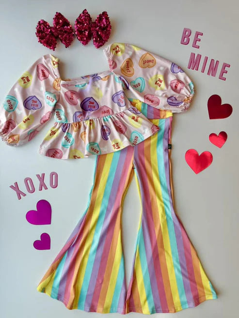 11.5 GLP3118 Baby Girls Colorful Hearts Ruffle Top Stripe Bell Bottom Pant Valentine Clothes Sets Preorder