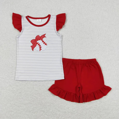 6.9 Sibling Baby Girls Embroidery Baseballs Summer Shorts Sets Clothes Sets