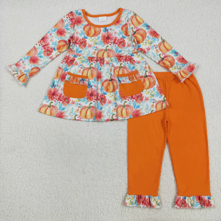 8.15 GLP2399 Baby Girls Floral Pumpkins Long Sleeves Plants Tunic Blue Ruffle Pant Set