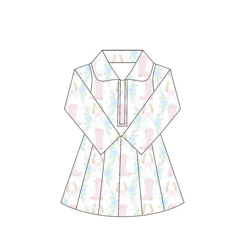 6.5 GLD1104 Baby Girls Long Sleeves Pink Boots Flowers Zipper Knee Length Dresses Preorder