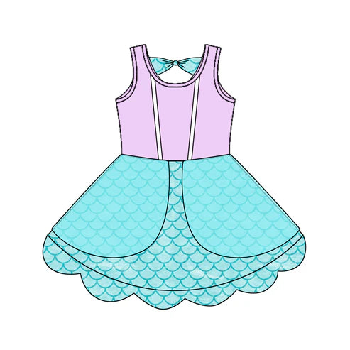 6.20GSD2516 Baby Girls Lavender Sleeveless Blue Mermaid Knee Length Dress Preorder