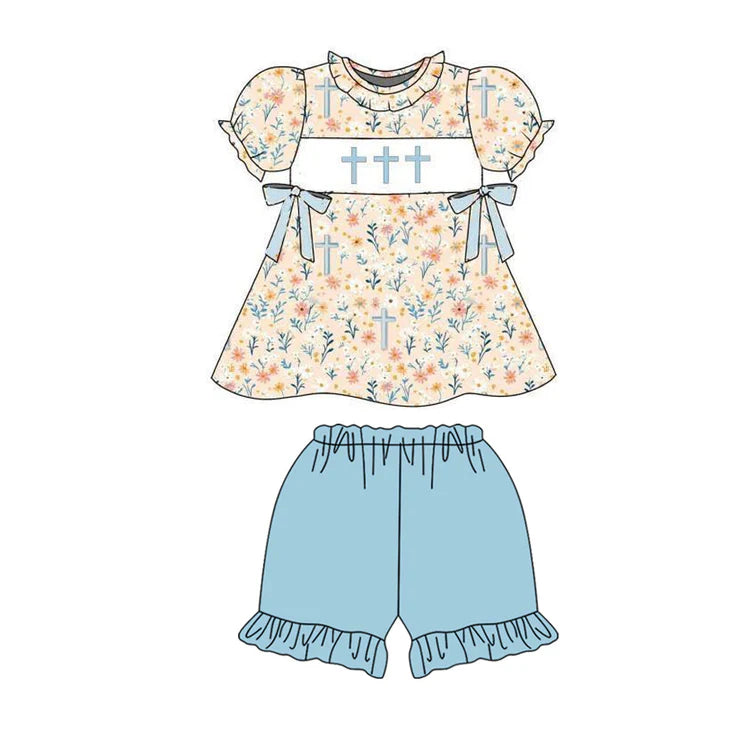 11.15 MOQ:5pcs GSSO2855 pre-order baby girl clothes cross print toddler girl easter summer outfit