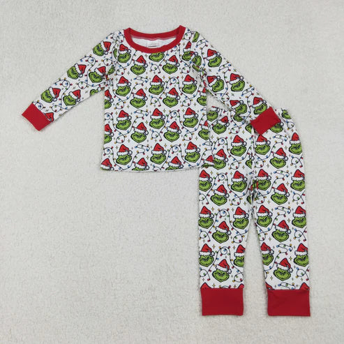 9.20 BLP1225 Baby Boys Christmas Lights Green Faces Plaid Top Pant Pajamas Set