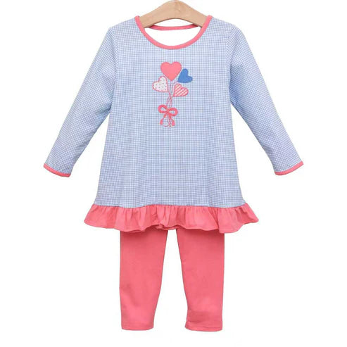 10.2 GLP2929 Baby Girls Blue Checked Bows Hearts Tunic Leggings Valentine Clothes Sets Preorder