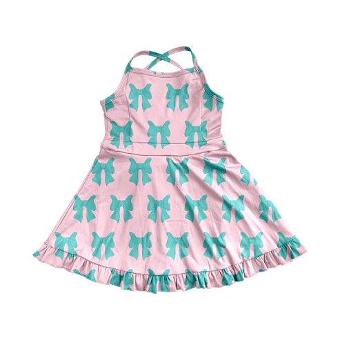 3.31 GSD2293 Baby Girls Pink Strap Green Bows Yoga Ruffle Knee Length Dresses Preorder