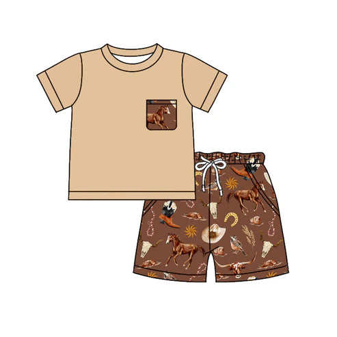 4.23 BSSO1502 Baby Boys Khaki Short Sleeves Pocket Top Boots Horse Short Set Preorder