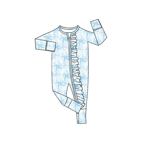 8.8 LR2518 Baby Girls Blue Bows Floral Plaid Ruffle Zipper Footie Rompers Preorder
