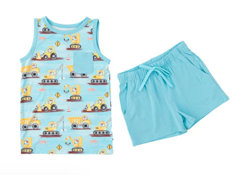 6.19 BSSO1519 Baby Boys Blue Sleeveless Excavators Pockets Top Pockets Short Set Preorder