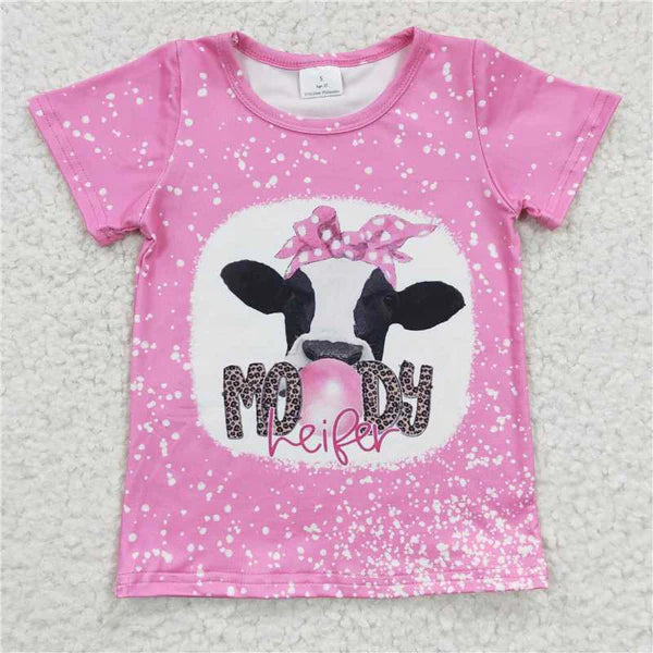 GT0128 Girls MOODY Cow Short Sleeve Top Pink