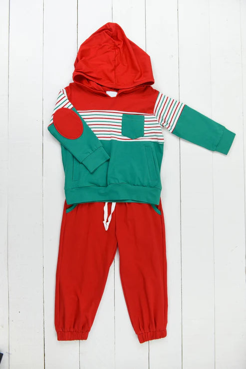 5.30 BLP0982 Baby Boys Christmas Stripe Pocket Red Hooded Clothes Sets Preorder