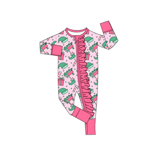 9.19 LR2671 Baby Girls Hats Candy Cane Christmas Ruffle Zipper Footie Rompers Preorder