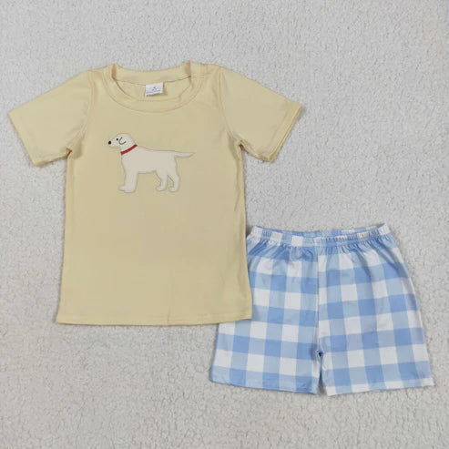 5.17 BSSO1058 Embroidered Baby Boys Yellow Dog Top Checkered Shorts Clothes Set