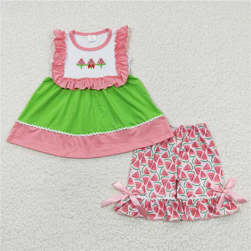 6.16 GSSO0179 Girls Embroidered Watermelon Green Sleeveless Shorts Cover pink Girls Embroidered Watermelon Green Sleeveless Shorts Cover pink