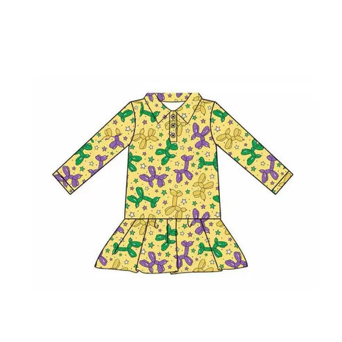 10.1 GT1261 Baby Girls Yellow Long Sleeve Stars Dogs Mardigras Button Ruffle Top Preorder