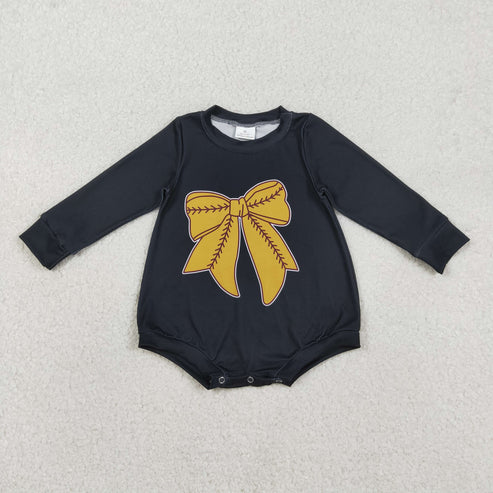 10.26 LR2774 Baby Girls Black Long Sleeve Gold Baseballs Bows Team Romper