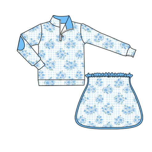6.5 GLD1097 Baby Girls Long Sleeves Blue Flowers Plaid Zipper Top Skorts Yoga Set Preorder
