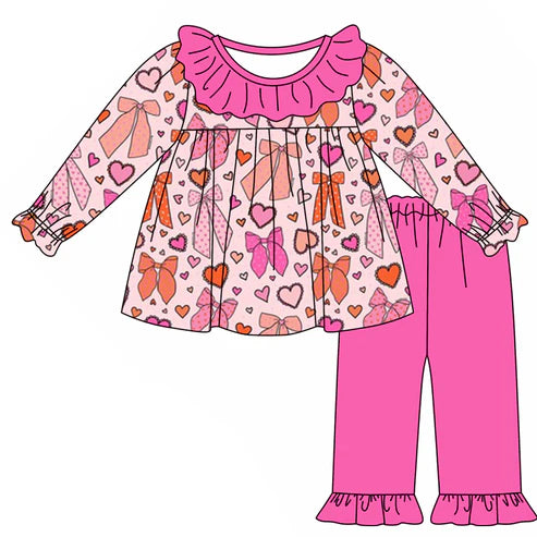 5.24 GLP1943 Baby Girls Valentines Hearts Tunic Top Ruffle Pants Clothes Sets Preorder