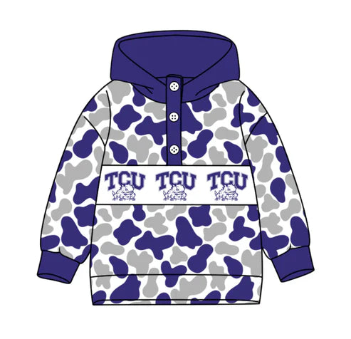 10.15 Custom Moq 8 Baby Boys Purple Grey Camo TCU Team Button Hoodies Top