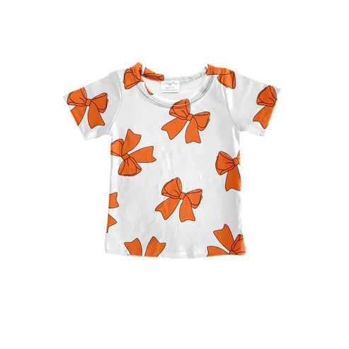 8.1 Custom Moq 5 Baby Girls Orange Bows Short Sleeve Tee Shirts Tops