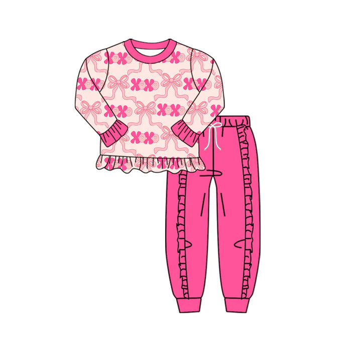 9.27 GLP2892 Baby Girls Pink Bows XOXO Ruffle Top Jogger Pants Valentine Clothes Sets Preorder