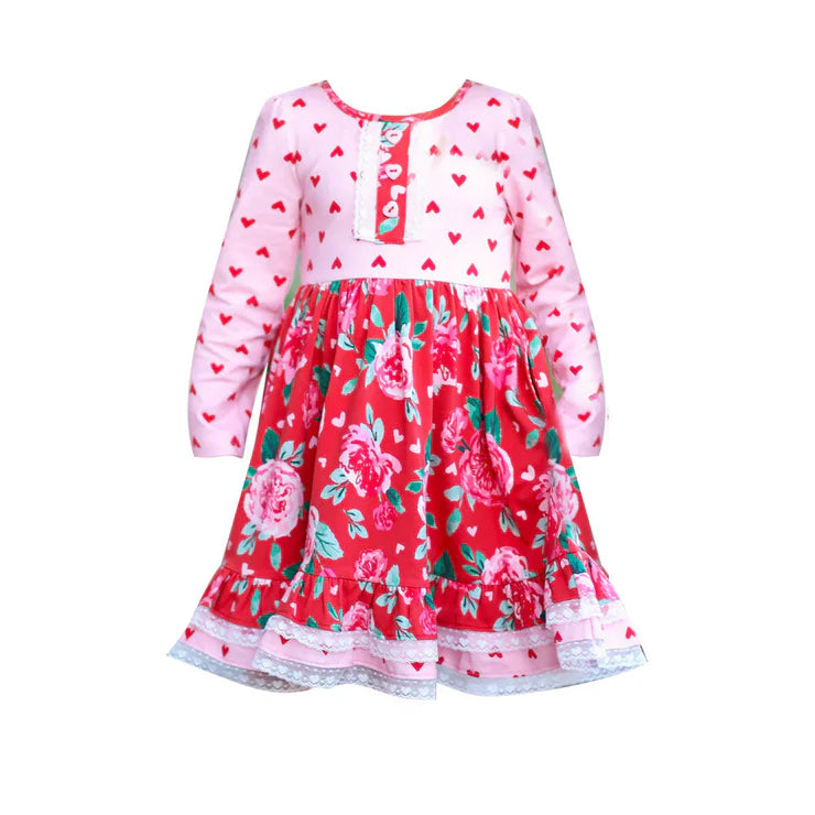 11.13 MOQ:5pcs GLD1499 pre-order toddler girl clothes floral print girl valentine winter dress
