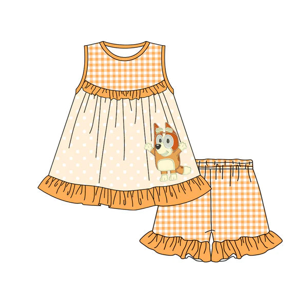 L-3.5 GSSO2123 Baby Girls Orange Dots Dogs Tunic Ruffle Shorts Clothes Sets Preorder