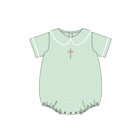 10.21 SR3269 Baby Boys Short Sleeve Green Polka Dots Cross Easter Rompers Preorder