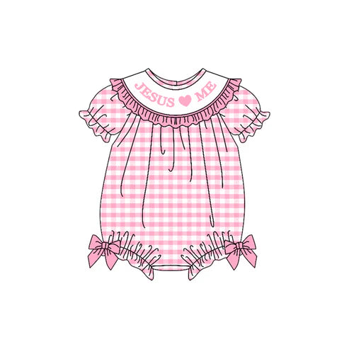 10.1 SR3249 Baby Girls Pink Checked Jesus Love Me Ruffle Rompers Preorder